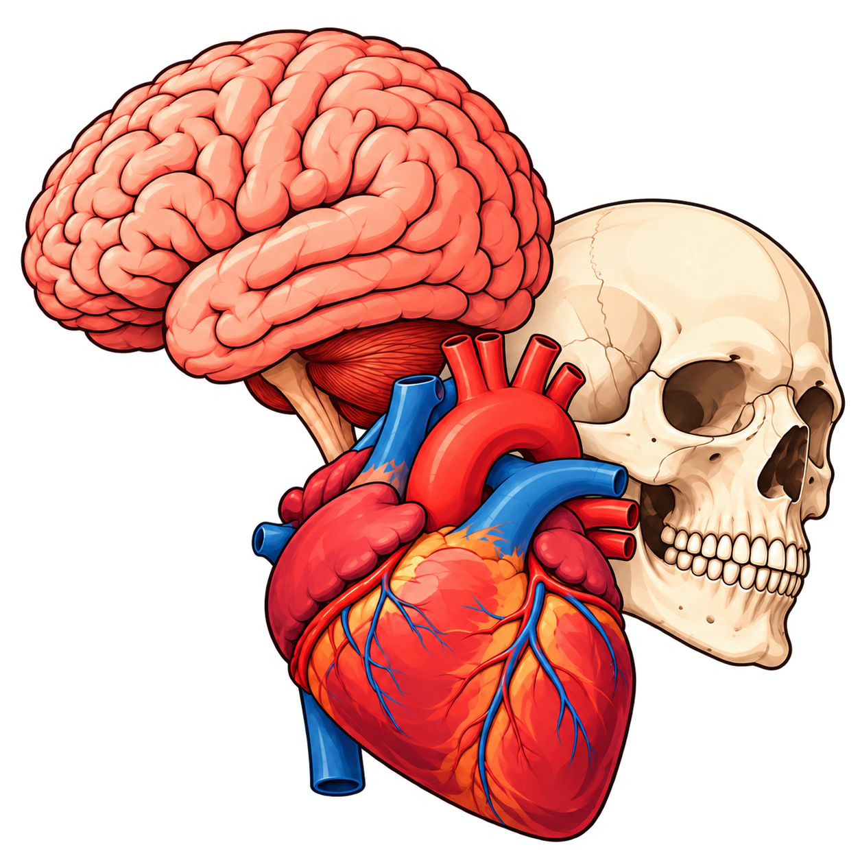 Ilustración anatómica de cerebro, corazón y cráneo